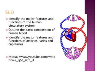  Identify the major features and
functions of the human
circulatory system
 Outline the basic composition of
human blood
 Identify the major features and
functions of arteries, veins and
capillaries
 https://www.youtube.com/watc
h?v=9_q6o_7CT_U
 