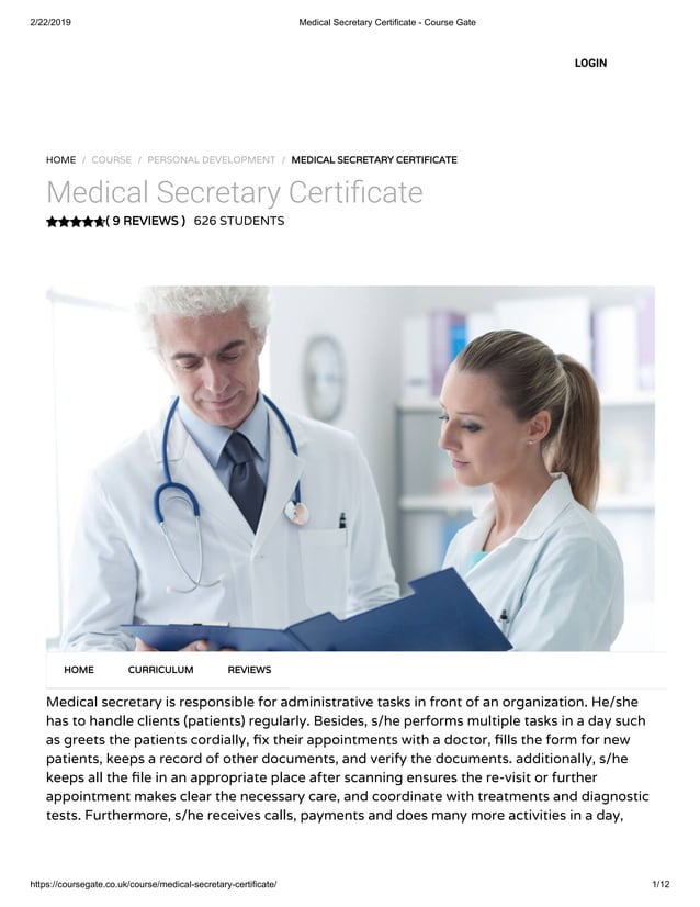 Medical Secretary Certificate Course Gate PDF Medical Secretary Certificate Course Gate PDF