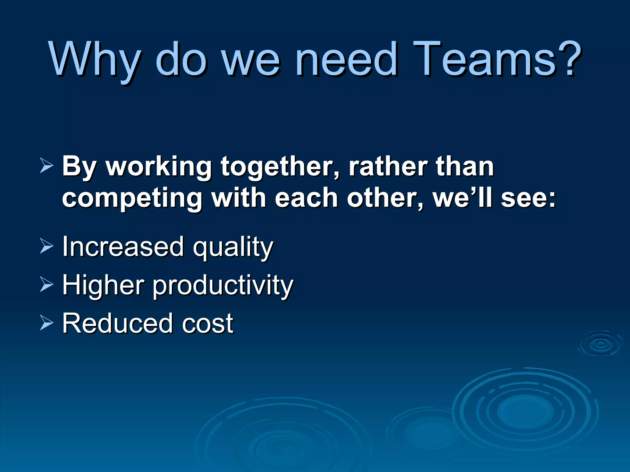 Why do we need Teams? By working together, rather than competing with each other, we’ll see:  Increased quality Higher productivity Reduced cost 