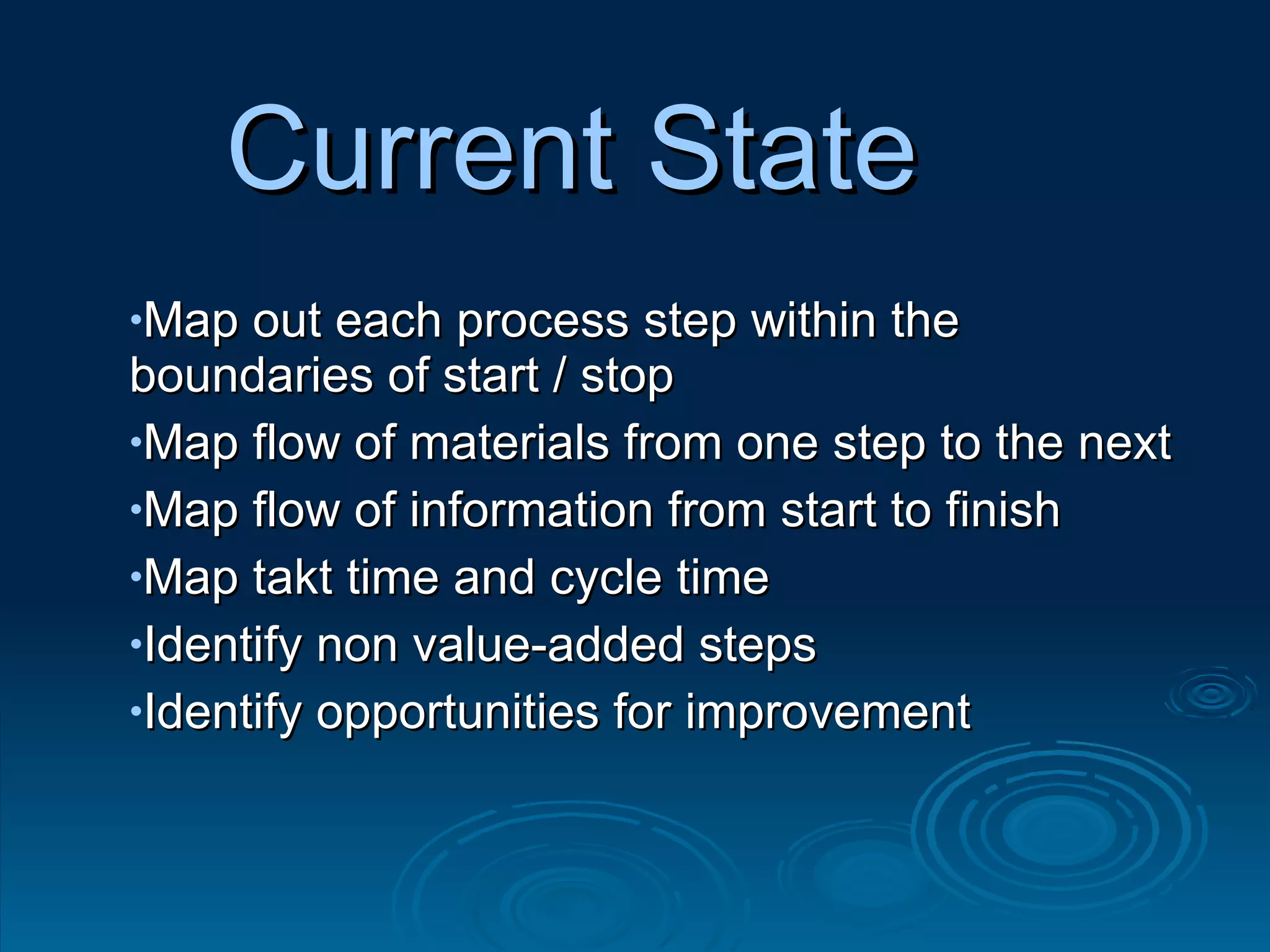 Current State Map out each process step within the boundaries of start / stop Map flow of materials from one step to the next Map flow of information from start to finish Map takt time and cycle time Identify non value-added steps Identify opportunities for improvement 