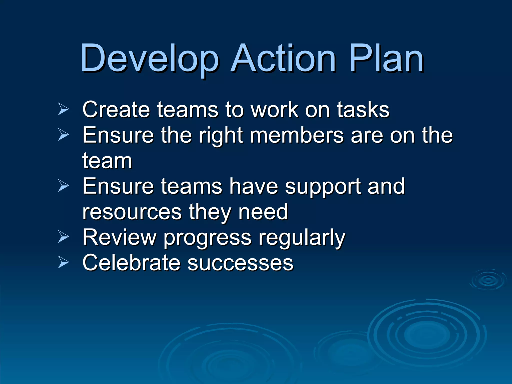 Develop Action Plan Create teams to work on tasks  Ensure the right members are on the team  Ensure teams have support and resources they need Review progress regularly Celebrate successes 