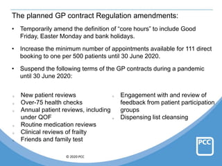 © 2020 PCC
The planned GP contract Regulation amendments:
• Temporarily amend the definition of “core hours” to include Good
Friday, Easter Monday and bank holidays.
• Increase the minimum number of appointments available for 111 direct
booking to one per 500 patients until 30 June 2020.
• Suspend the following terms of the GP contracts during a pandemic
until 30 June 2020:
o New patient reviews
o Over-75 health checks
o Annual patient reviews, including
under QOF
o Routine medication reviews
o Clinical reviews of frailty
o Friends and family test
o Engagement with and review of
feedback from patient participation
groups
o Dispensing list cleansing