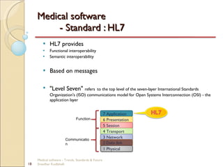 Medical software  - Standard : HL7 HL7 provides Functional interoperability Semantic interoperability Based on messages "Level Seven"  refers   to the top level of the seven-layer International Standards Organization's (ISO) communications model for Open Systems Interconnection (OSI) - the application layer Medical software - Trends, Standards & Future  Sreedhar Kodlahalli 7 Application 6 Presentation 5 Session 4 Transport 3 Network 1 Physical Function Communication 