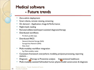 Medical software  - Future trends Zero-admin deployment Smart clients, remote viewing, streaming On demand – Application, Image & Performance Night-hawk reading Remote/collaborated/expert-assisted diagnosis/therapy Distributed workflows Pre-fetch, parallel steps Distributed PACS Network Attached Storage (NAS) Storage Area Network (SAN) Data cloud Multi-modality workflow integration E.g. Multi-modality reader Consistent framework everywhere; modality, pre/post-processing, reporting stations… Diagnosis  Therapy  to  Preventive analysis  Interventional healthcare Multi-modality assisted full-bodied human physio-model construction & diagnosis Medical software - Trends, Standards & Future  Sreedhar Kodlahalli 