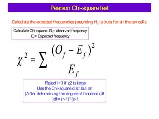 Pearson Chi-square test
.Calculate the expected frequencies (assuming H0 is true) for all the ten cells
Calculate Chi square: Of = observed frequency
Ef = Expected frequency

χ =∑
2

(O f − E f )

2

Ef

Reject H0 if χ2 is large
Use the Chi-square distribution
(After determining the degree of freedom (df
(df= (r-1)* (c-1

 