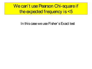 We can’ t use Pearson Chi-square if
the expected frequency is <5
In this case we use Fisher’ s Exact test

 