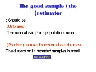 T good sample (the
he
(estimator
: Should be
:Unbiased
The mean of sample = population mean
)Precise: (narrow dispersion about the mean
The dispersion in repeated samples is small
This is a dream

 