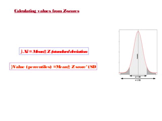Calculating values from Z-scores

(.Xi = Mean± Z (standard deviation
(Value (percentiles) =M
ean± Z score* (SD

 