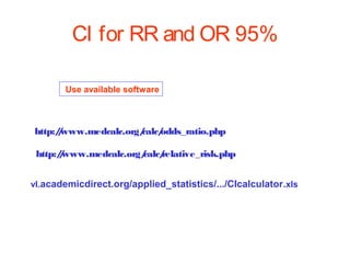 CI for RR and OR 95%
Use available software

http:/www.medcalc.org/
/
calc/
odds_ratio.php
http:/www.medcalc.org/
/
calc/
relative_risk.php
vl.academicdirect.org/applied_statistics/.../CIcalculator.xls

 