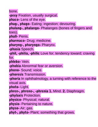 bone.
-pexy Fixation, usually surgical.
phaco- Lens of the eye.
phag-, phago- Eating; ingestion; devouring.
phalang-, phalango- Phalanges (bones of fingers and
toes).
phall- Penis.
pharmaco- Drug; medicine.
pharyng-, pharyngo- Pharynx.
-phasia Speech.
-phil, -philia, -philic Love for; tendency toward; craving
for.
phlebo- Vein.
-phobia Abnormal fear or aversion.
phono- Sound; voice.
-phoresis Transmission.
-phoria In ophthalmology, a turning with reference to the
visual axis.
photo- Light.
phren-, phreno-, -phrenia 1. Mind. 2. Diaphragm.
-phylaxis Protection.
physico- Physical; natural.
physio- Pertaining to nature.
physo- Air; gas.
phyt-, phyto- Plant; something that grows.

 