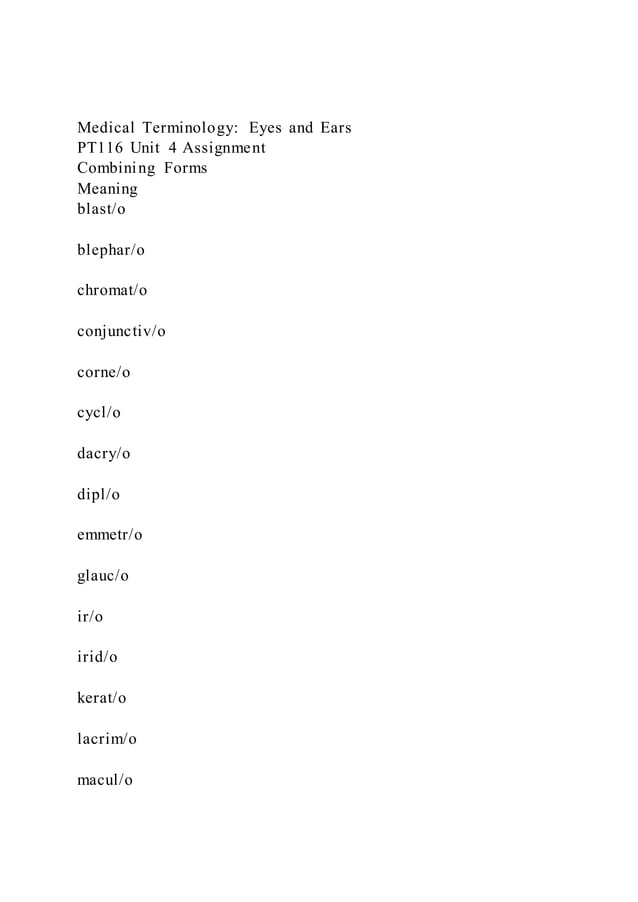 Medical Terminology Eyes and EarsPT116 Unit 4 PDF