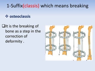 1-Suffix(classis) which means breaking
 osteoclassis
It is the breaking of
bone as a step in the
correction of
deformity .
 