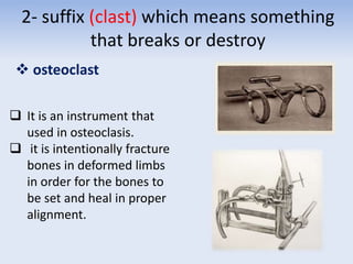 2- suffix (clast) which means something
that breaks or destroy
 osteoclast
 It is an instrument that
used in osteoclasis.
 it is intentionally fracture
bones in deformed limbs
in order for the bones to
be set and heal in proper
alignment.
 