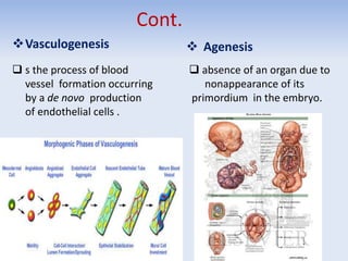 Cont.
Vasculogenesis
 s the process of blood
vessel formation occurring
by a de novo production
of endothelial cells .
 Agenesis
 absence of an organ due to
nonappearance of its
primordium in the embryo.
 