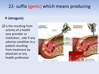 22- suffix (genic) which means producing
iatrogenic
 Is the resulting from
activity of a health
care provider or
institution , side if any
adverse condition in a
patient resulting
from treatment by
physician or any
health profession
 