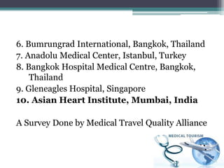 6. Bumrungrad International, Bangkok, Thailand
7. Anadolu Medical Center, Istanbul, Turkey
8. Bangkok Hospital Medical Centre, Bangkok,
Thailand
9. Gleneagles Hospital, Singapore
10. Asian Heart Institute, Mumbai, India
A Survey Done by Medical Travel Quality Alliance
 