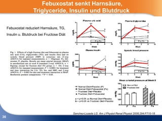 Febuxostat senkt Harnsäure,
                      Triglyceride, Insulin und Blutdruck

     Febuxostat reduziert Harnsäure, TG,
     Insulin u. Blutdruck bei Fructose Diät




                                              Sanchez-Lozada LG Am J Physiol Renal Physiol 2008;294:F710-18
36
 
