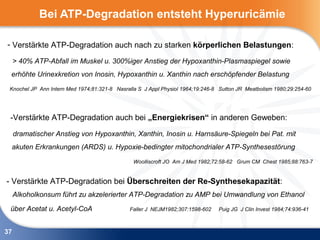 Bei ATP-Degradation entsteht Hyperuricämie

- Verstärkte ATP-Degradation auch nach zu starken körperlichen Belastungen:

     > 40% ATP-Abfall im Muskel u. 300%iger Anstieg der Hypoxanthin-Plasmaspiegel sowie
 erhöhte Urinexkretion von Inosin, Hypoxanthin u. Xanthin nach erschöpfender Belastung
 Knochel JP Ann Intern Med 1974;81:321-8 Nasralla S J Appl Physiol 1964;19:246-8 Sutton JR Meatbolism 1980;29:254-60




 -Verstärkte ATP-Degradation auch bei „Energiekrisen“ in anderen Geweben:

     dramatischer Anstieg von Hypoxanthin, Xanthin, Inosin u. Harnsäure-Spiegeln bei Pat. mit
 akuten Erkrankungen (ARDS) u. Hypoxie-bedingter mitochondrialer ATP-Synthesestörung

                                                Woolliscroft JO Am J Med 1982;72:58-62 Grum CM Chest 1985;88:763-7


- Verstärkte ATP-Degradation bei Überschreiten der Re-Synthesekapazität:
     Alkoholkonsum führt zu akzelerierter ATP-Degradation zu AMP bei Umwandlung von Ethanol

 über Acetat u. Acetyl-CoA                    Faller J NEJM1982;307:1598-602    Puig JG J Clin Invest 1984;74:936-41



37
 