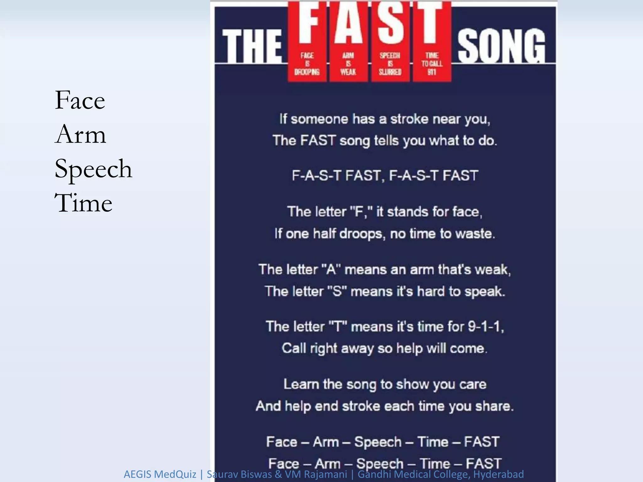 Face
Arm
Speech
Time
AEGIS MedQuiz | Saurav Biswas & VM Rajamani | Gandhi Medical College, Hyderabad
 