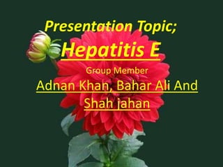 Presentation Topic;
Hepatitis E
Group Member
Adnan Khan, Bahar Ali And
Shah jahan
 
