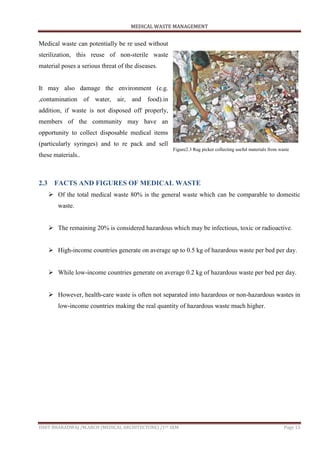 MEDICAL WASTE MANAGEMENT
ISHIT BHARADWAJ /M.ARCH (MEDICAL ARCHITECTURE) /1ST SEM Page 13
Medical waste can potentially be re used without
sterilization, this reuse of non-sterile waste
material poses a serious threat of the diseases.
It may also damage the environment (e.g.
,contamination of water, air, and food).in
addition, if waste is not disposed off properly,
members of the community may have an
opportunity to collect disposable medical items
(particularly syringes) and to re pack and sell
these materials..
2.3 FACTS AND FIGURES OF MEDICAL WASTE
 Of the total medical waste 80% is the general waste which can be comparable to domestic
waste.
 The remaining 20% is considered hazardous which may be infectious, toxic or radioactive.
 High-income countries generate on average up to 0.5 kg of hazardous waste per bed per day.
 While low-income countries generate on average 0.2 kg of hazardous waste per bed per day.
 However, health-care waste is often not separated into hazardous or non-hazardous wastes in
low-income countries making the real quantity of hazardous waste much higher.
Figure2.3 Rag picker collecting useful materials from waste
 