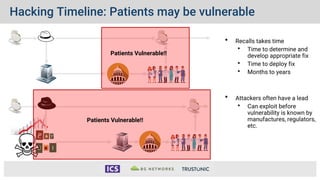 Hacking Timeline: Patients may be vulnerable
• Recalls takes time
• Time to determine and
develop appropriate fix
• Time to deploy fix
• Months to years
• Attackers often have a lead
• Can exploit before
vulnerability is known by
manufactures, regulators,
etc.
Patients Vulnerable!!
Patients Vulnerable!!
 