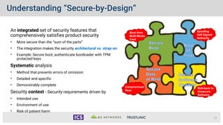 Understanding “Secure-by-Design”
An integrated set of security features that
comprehensively satisfies product security
• More secure than the “sum of the parts”
• The integration makes the security architectural vs. strap-on
• Example: Secure boot; authenticate bootloader with TPM
protected keys
Systematic analysis
• Method that prevents errors of omission
• Detailed and specific
• Demonstrably complete
Security context - Security requirements driven by
• Intended use
• Environment of use
• Risk of patient harm
27
authentication
execution integrity
resiliency recovery
Boot from
Multi-Media
Card
Spoofing
Self Signed
Authority
Roll-back to
Unsecure
Software
Compromised
Keys
 