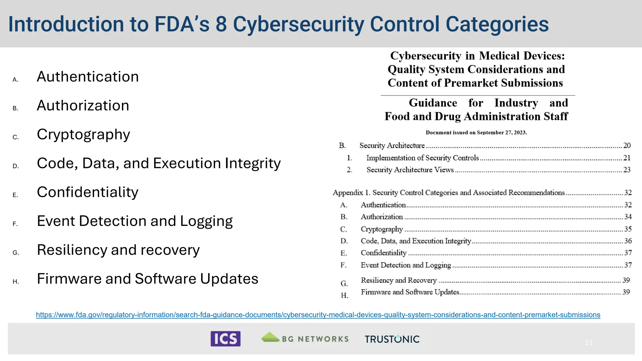 Introduction to FDA’s 8 Cybersecurity Control Categories
A. Authentication
B. Authorization
C. Cryptography
D. Code, Data, and Execution Integrity
E. Confidentiality
F. Event Detection and Logging
G. Resiliency and recovery
H. Firmware and Software Updates
11
https://www.fda.gov/regulatory-information/search-fda-guidance-documents/cybersecurity-medical-devices-quality-system-considerations-and-content-premarket-submissions
 