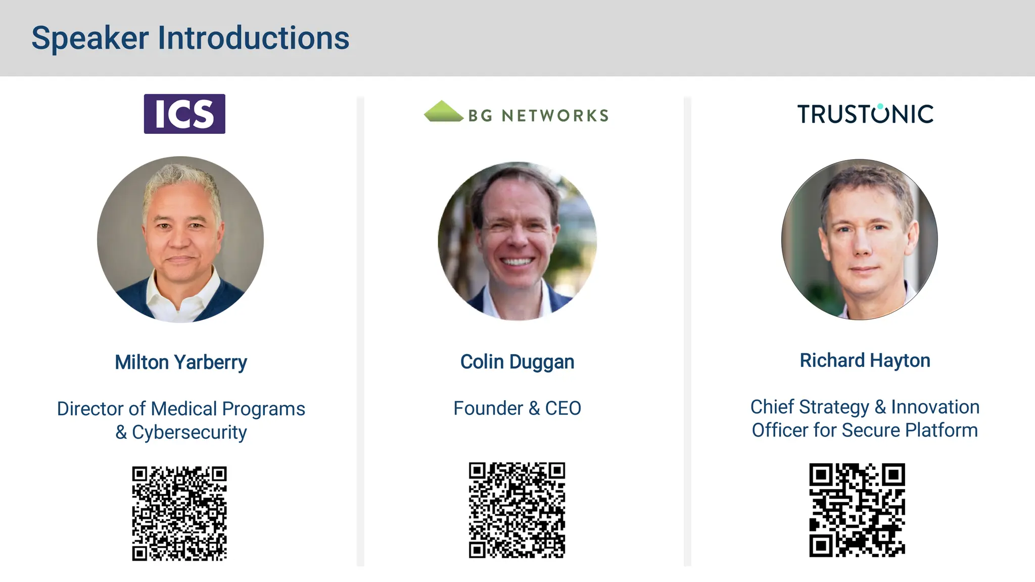 Speaker Introductions
Colin Duggan
Founder & CEO
Milton Yarberry
Director of Medical Programs
& Cybersecurity
Richard Hayton
Chief Strategy & Innovation
Officer for Secure Platform
 