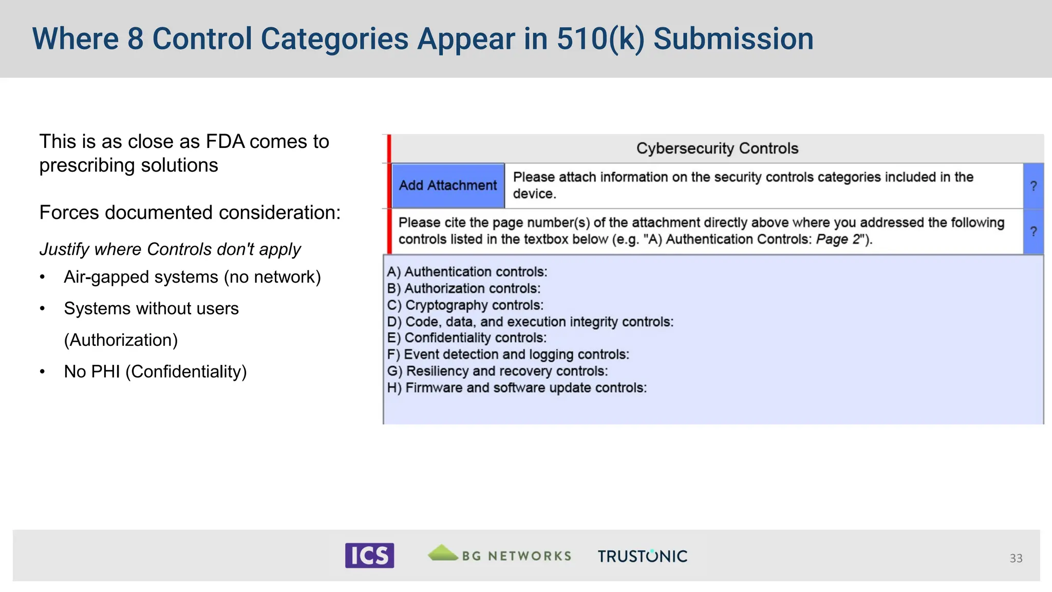 Where 8 Control Categories Appear in 510(k) Submission
33
This is as close as FDA comes to
prescribing solutions
Forces documented consideration:
Justify where Controls don't apply
• Air-gapped systems (no network)
• Systems without users
(Authorization)
• No PHI (Confidentiality)
 