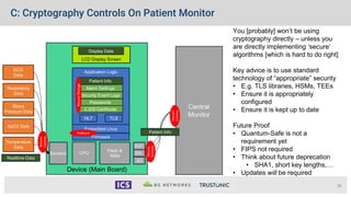 Device (Main Board)
Realtime Data
CPU
Flash &
RAM
3G
Eth.
WiFi
Sensors
Temperature
Data
SpO2 Data
Blood
Pressure Data
Respiratory
Data
ECG
Data
LCD Display Screen
Display Data
Central
Monitor
Application Logic
HL7
Embedded Linux
Firmware
TLS
Patient Info
Alarm Settings
Security Event Logs
Passwords
X.509 Certificate
Patient Info
C: Cryptography Controls On Patient Monitor
18
Secure
Comms
You [probably] won’t be using
cryptography directly – unless you
are directly implementing ‘secure’
algorithms [which is hard to do right]
Key advice is to use standard
technology of “appropriate” security
• E.g. TLS libraries, HSMs, TEEs
• Ensure it is appropriately
configured
• Ensure it is kept up to date
Future Proof
• Quantum-Safe is not a
requirement yet
• FIPS not required
• Think about future deprecation
• SHA1, short key lengths,…
• Updates will be required
Secure
Storage
Rollback
Secure
Comms
Secure
Comms
 
