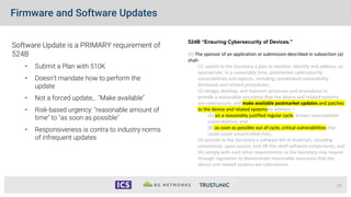 Firmware and Software Updates
27
Software Update is a PRIMARY requirement of
524B
• Submit a Plan with 510K
• Doesn’t mandate how to perform the
update
• Not a forced update,.. "Make available"
• Risk-based urgency: "reasonable amount of
time" to "as soon as possible"
• Responsiveness is contra to industry norms
of infrequent updates
524B “Ensuring Cybersecurity of Devices.”
(b) The sponsor of an application or submission described in subsection (a)
shall-
(1) submit to the Secretary a plan to monitor, identify, and address, as
appropriate, in a reasonable time, postmarket cybersecurity
vulnerabilities and exploits, including coordinated vulnerability
disclosure and related procedures;
(2) design, develop, and maintain processes and procedures to
provide a reasonable assurance that the device and related systems
are cybersecure, and make available postmarket updates and patches
to the device and related systems to address—
(A) on a reasonably justified regular cycle, known unacceptable
vulnerabilities; and
(B) as soon as possible out of cycle, critical vulnerabilities that
could cause uncontrolled risks;
(3) provide to the Secretary a software bill of materials, including
commercial, open-source, and off-the-shelf software components; and
(4) comply with such other requirements as the Secretary may require
through regulation to demonstrate reasonable assurance that the
device and related systems are cybersecure.
 