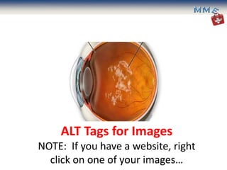 ALT Tags for Images
NOTE: If you have a website, right
  click on one of your images…
 