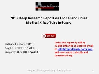 2013 Deep Research Report on Global and China
Medical X-Ray Tube Industry
Published: October 2013
Single User PDF: US$ 2000
Corporate User PDF: US$ 4000
Order this report by calling
+1 888 391 5441 or Send an email
to sales@reportsandreports.com
with your contact details and
questions if any.
1© ReportsnReports.com / Contact sales@reportsandreports.com
 