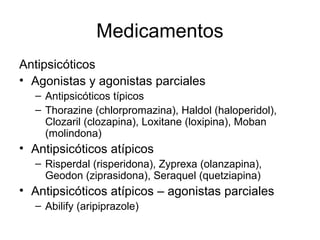 Medicamentos
Antipsicóticos
• Agonistas y agonistas parciales
  – Antipsicóticos típicos
  – Thorazine (chlorpromazina), Haldol (haloperidol),
    Clozaril (clozapina), Loxitane (loxipina), Moban
    (molindona)
• Antipsicóticos atípicos
  – Risperdal (risperidona), Zyprexa (olanzapina),
    Geodon (ziprasidona), Seraquel (quetziapina)
• Antipsicóticos atípicos – agonistas parciales
  – Abilify (aripiprazole)
 