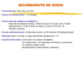 BICARBONATO DE SODIO
• Presentación: Amp.10cc al 8.4%
• Dosis en reanimación: 1-2 mEq/kg
• Corrección de acidosis metabólica:
Dosis de bicarbonato (mEq)= déficit de base X 0.3 por peso. Puede
administrarse 1/3 de la dosis en bolo y el resto en 24 hrs. en
infusión continua.
• Vía de administración: Endovenosa lenta, en 30 minutos (1mEq/kg/minuto)
• Dilución:Diluir al medio en agua bidestilada (proporción 1:1).
• Acción/Indicación: Corrección de acidosis metabólica.
En reanimación, con adecuada ventilación y circulación.
En acidosis tubular renal.
Alcalinización en hipertensión pulmonar.
 