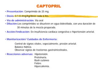 CAPTOPRIL
• Presentación: Comprimido de 25 mg.
• Dosis: 0.1-0.4mg/kg/dosis cada 6 hrs.
• Vía de administración: Vía oral
• Dilución:Los comprimidos se disuelven en agua bidestilada, con una duración de
30 minutos de la mezcla preparada.
• Acción/Indicación: En insuficiencia cardiaca congestiva e hipertensión arterial.
• Monitorización/ Cuidados de Enfermería:
Control de signos vitales, especialmente, presión arterial.
Balance hídrico.
Observar signos de trastornos gastrointestinales.
• Reacciones adversas: Hipotensión.
Proteinuria.
Rash cutáneo
Fiebre.
Hipercaliemia.
 
