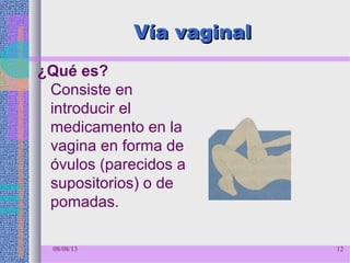 Vía vaginalVía vaginal
¿Qué es?
Consiste en
introducir el
medicamento en la
vagina en forma de
óvulos (parecidos a
supositorios) o de
pomadas.
08/08/13 12
 