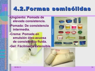 4.2.Formas semisólidas4.2.Formas semisólidas
-Ungüento: Pomada de
elevada consistencia.
-Pomada: De consistencia
intermedia.
-Crema: Pomada en
emulsión óleo-acuosa
de consistencia fluida.
-Gel: Fácilmente extensible.
08/08/13 24
 
