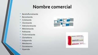 Nombre comercial
• Bendroflumetiazida
• Benzotiazida
• Ciclotiazida
• Clorotiazida
• Hidroclorotiazida
• Meticlotiazida
• Politiazida
• Triclormetiazida
• Clortalidona
• Indapamida
• Metolazona
• Quinetazona
• Xipamida
 