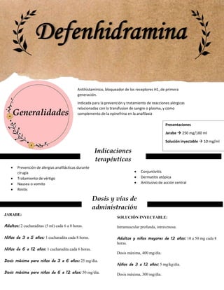 Generalidades
Antihistaminico, bloqueador de los receptores H1, de primera
generación.
Indicada para la prevención y tratamiento de reacciones alérgicas
relacionadas con la transfusion de sangre o plasma, y como
complemento de la epinefrina en la anafilaxia
Indicaciones
terapéuticas
 Prevención de alergias anafilácticas durante
cirugía
 Tratamiento de vértigo
 Nausea o vomito
 Rinitis
 Urticaria
 Dosis y vías de
administración
SOLUCIÓN INYECTABLE:
Intramuscular profunda, intravenosa.
Adultos y niños mayores de 12 años: 10 a 50 mg cada 8
horas.
Dosis máxima, 400 mg/día.
Niños de 3 a 12 años: 5 mg/kg/día.
Dosis máxima, 300 mg/día.
JARABE:
Adultos: 2 cucharaditas (5 ml) cada 6 a 8 horas.
Niños de 3 a 5 años: 1 cucharadita cada 8 horas.
Niños de 6 a 12 años: 1 cucharadita cada 6 horas.
Dosis máxima para niños de 3 a 6 años: 25 mg/día.
Dosis máxima para niños de 6 a 12 años: 50 mg/día.
 Conjuntivitis
 Dermatitis atópica
 Antitusivo de acción central
Presentaciones
Jarabe  250 mg/100 ml
Solución inyectable  10 mg/ml
 