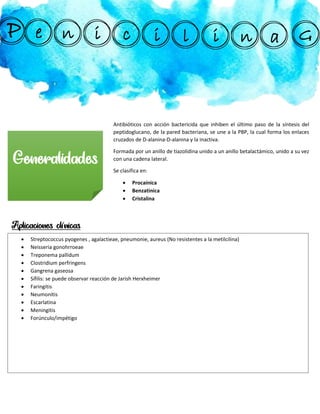 P e n i c i l i a
n G
g
Generalidades
Antibióticos con acción bactericida que inhiben el último paso de la síntesis del
peptidoglucano, de la pared bacteriana, se une a la PBP, la cual forma los enlaces
cruzados de D-alanina-D-alanina y la inactiva.
Formada por un anillo de tiazolidina unido a un anillo betalactámico, unido a su vez
con una cadena lateral.
Se clasifica en:
 Procaínica
 Benzatinica
 Cristalina
Aplicaciones clínicas
 Streptococcus pyogenes , agalactieae, pneumonie, aureus (No resistentes a la metilcilina)
 Neisseria gonohrroeae
 Treponema pallidum
 Clostridium perfringens
 Gangrena gaseosa
 Sífilis: se puede observar reacción de Jarish Herxheimer
 Faringitis
 Neumonitis
 Escarlatina
 Meningitis
 Forúnculo/impétigo
 