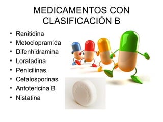 MEDICAMENTOS CON
CLASIFICACIÓN B
• Ranitidina
• Metoclopramida
• Difenhidramina
• Loratadina
• Penicilinas
• Cefalosporinas
• Anfotericina B
• Nistatina
•
 