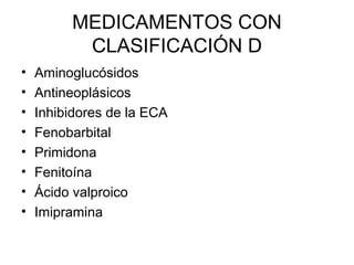 MEDICAMENTOS CON
CLASIFICACIÓN D
• Aminoglucósidos
• Antineoplásicos
• Inhibidores de la ECA
• Fenobarbital
• Primidona
• Fenitoína
• Ácido valproico
• Imipramina
 
