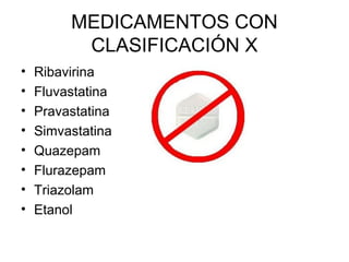 MEDICAMENTOS CON
CLASIFICACIÓN X
• Ribavirina
• Fluvastatina
• Pravastatina
• Simvastatina
• Quazepam
• Flurazepam
• Triazolam
• Etanol
•
 