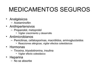 MEDICAMENTOS SEGUROS
• Analgésicos
– Acetaminofén
• Antihipertensivos
– Propanolol, metoprolol
• Vigilar crecimiento y desarrollo
• Antimicrobianos
– Penicilinas, cefalosporinas, macrólidos, aminoglucósidos
• Reacciones alérgicas, vigilar efectos colestásicos
• Hormonas
– Tiroxina, triyodotironina, insulina
• Vigilar efecto colestásico
• Heparina
– No se absorbe
 