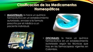• MAGISTRALES: lo hace un químico
farmacéutico en un establecimiento
autorizado, envase a la formula
prescrita por el médico a un
paciente individual.
• OFICINALES: lo hace un químico
farmacéutico en un establecimiento
autorizado según las técnicas que
hay en las farmacopeas vigentes en
Colombia.
 