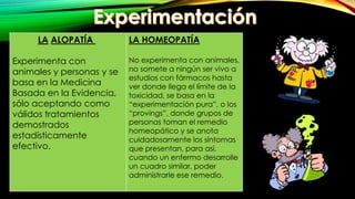 LA ALOPATÍA
Experimenta con
animales y personas y se
basa en la Medicina
Basada en la Evidencia,
sólo aceptando como
válidos tratamientos
demostrados
estadísticamente
efectivo.
LA HOMEOPATÍA
No experimenta con animales,
no somete a ningún ser vivo a
estudios con fármacos hasta
ver donde llega el límite de la
toxicidad, se basa en la
“experimentación pura”, o los
“provings”, donde grupos de
personas toman el remedio
homeopático y se anota
cuidadosamente los síntomas
que presentan, para así,
cuando un enfermo desarrolle
un cuadro similar, poder
administrarle ese remedio.
 
