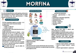 solução- 0,2 mg/1 mL.
solução 10 mg/1 mL.
Não injetar mais que 1 mg de sulfato de
morfina pentaidratada.
Via Oral: comprimido, cápsula ou em gotas - 30 a
60 mg por dose à cada 4 horas (dor intensa)
Via Subcutânea
Via intramuscular: a dose inicial deverá ser de 5 a
20 mg/70 kg de peso
Infusão intravenosa (bomba de infusão): a dose
inicial deve ser de 2 a 10 mg/70 kg de peso.
Administrar por injeção intravenosa lenta, de
preferência sob a forma de uma solução diluída.
Via epidural - O pacientes deverá ser monitorado
durante 24 horas após cada dose, porque uma
depressão respiratória tardia pode ocorrer.
Via intratecal: - em adultos Uma dose de injeção
de 0,05 a 0,2 mg pode proporcionar satisfatório
alívio da dor por até 24 horas.
​
Dimorf 10 mg/mL injetável - ampola 1mL
Dimorf 0,2 mg/mL injetável - ampola
1mL
Dimorf 1 mg/mL injetável - ampola 2mL
Tratamento da dor de origem oncológica.
Infarto do miocárdio.
Lesões graves
Dor crônica
Alívio da dor do parto quando administrado pela via intratecal.
Controle da dor pós-operatória e na suplementação da anestesia
geral, regional ou local
Pacientes que apresentam:
DEFINIÇÃO
VIA DE ADMINISTRAÇÃO
TRATAMENTO
EFEITOS COLATERAIS CONTRAINDICADO
Diarreia Tontura
Náusea
Transpiração
Vômito
É um dos principais fármacos, sendo agonista µ (mi) potente.
Age principalmente em algumas células do SNC e em órgãos
com musculatura lisa, trato gastrointestinal e bexiga,
inibindo o processamento da dor.
Insônia
Obstrução gastrointestinal e íleo-
paralítico
insuficiência ou depressão respiratória
doença pulmonar crônica
menores de 18 anos
Gravidez – Categoria C
Alcoolismo crônico
Tremores
POSOLOGIA
Diluir em SF 0,9%, SG5% e SG10% para
concentrações de 0,1 a 1mg/mL.
Solução analgésica venosa padronizada: morfina 10
mg/mL (1ampola) diluída para qsp 100mL de soro
fisiológico 0,9% (concentração final de 0,1 mg/mL).
Injeção Intravenosa lenta: diluir com água
destilada ou SF 0,9% a uma concentração final de 1-
2mg/mL.
OUTROS NOMES
MORFINA
MORFINA
16
Rei dos Resumos © Todos os direitos reservados
Licenciado
para
-
Elainne
Ferreira
silva
-
52213552215
-
Protegido
por
Eduzz.com
 