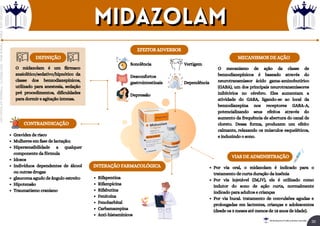 MECANISMOS DE AÇÃO
EFEITOS ADVERSOS
CONTRAINDICAÇÃO
DEFINIÇÃO
O midazolam é um fármaco
ansiolítico/sedativo/hipnótico da
classe dos benzodiazepínicos,
utilizado para anestesia, sedação
pré procedimentos, dificuldades
para dormir e agitação intensa.
Sonolência
Desconfortos
gastrointestinais
Depressão
Vertigem
Dependência
VIAS DE ADMINISTRAÇÃO
Por via oral, o midazolam é indicado para o
tratamento de curta duração da insônia
Por via injetável (IM,IV), ele é utilizado como
indutor do sono de ação curta, normalmente
indicado para adultos e crianças
Por via bucal. tratamento de convulsões agudas e
prolongadas em lactentes, crianças e adolescentes
(desde os 3 meses até menos de 18 anos de idade).
O mecanismo de ação da classe de
benzodiazepínicos é baseado através do
neurotransmissor ácido gama-aminobutírico
(GABA), um dos principais neurotransmissores
inibitórios no cérebro. Eles aumentam a
atividade do GABA, ligando-se ao local da
benzodiazepina nos receptores GABA-A,
potencializando seus efeitos através do
aumento da frequência de abertura do canal de
cloreto. Dessa forma, produzem um efeito
calmante, relaxando os músculos esqueléticos,
e induzindo o sono.
Gravidez de risco
Mulheres em fase de lactação;
Hipersensibilidade a qualquer
componente da fórmula
Idosos
Indivíduos dependentes de álcool
ou outras drogas
glaucoma agudo de ângulo estreito
Hipotensão
Traumatismo craniano
INTERAÇÃO FARMACOLÓGICA
Rifapentina
Rifampicina
Rifabutina
Fenitoína
Fenobarbital
Carbamazepina
Anti-histamínicos
midazolam
midazolam
30
Rei dos Resumos © Todos os direitos reservados
Licenciado
para
-
Elainne
Ferreira
silva
-
52213552215
-
Protegido
por
Eduzz.com
 